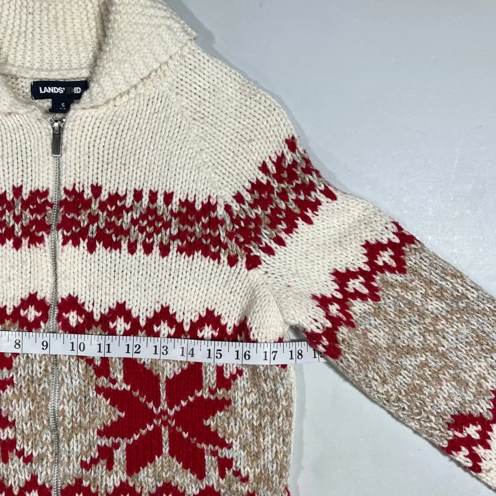 Lands End Womens Fair Isle Reindeer Zip Front Cardigan Sweater Small Nordic Ski